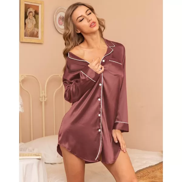 SWOMOG Womens Satin Sleep Shirt Long Sleeve Sleepwear Silk Nightshirt Button Down Pajama TopNostalgia Rose