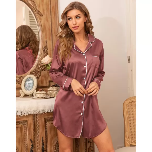 SWOMOG Womens Satin Sleep Shirt Long Sleeve Sleepwear Silk Nightshirt Button Down Pajama TopNostalgia Rose