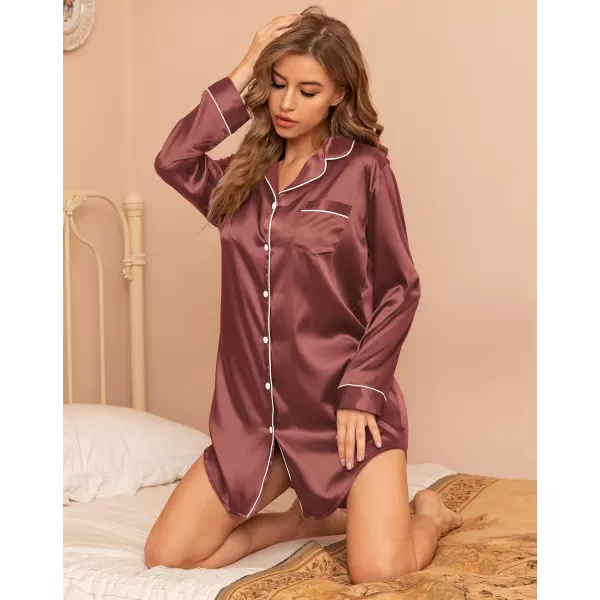 SWOMOG Womens Satin Sleep Shirt Long Sleeve Sleepwear Silk Nightshirt Button Down Pajama TopNostalgia Rose