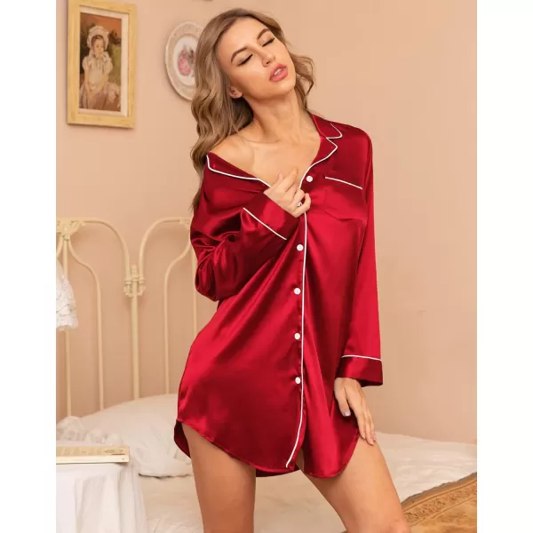 SWOMOG Womens Satin Sleep Shirt Long Sleeve Sleepwear Silk Nightshirt Button Down Pajama TopRed