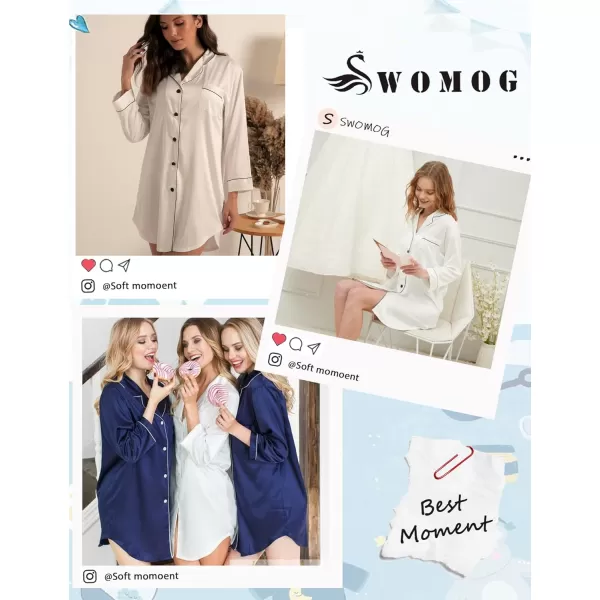 SWOMOG Womens Satin Sleep Shirt Long Sleeve Sleepwear Silk Nightshirt Button Down Pajama TopWhite