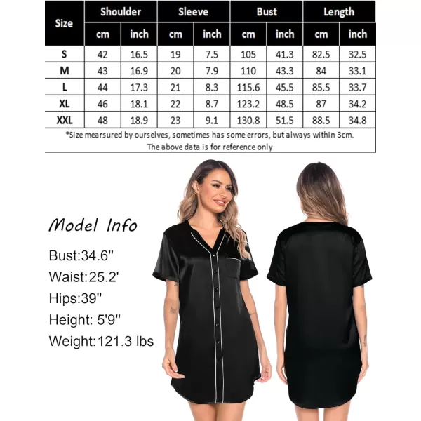 SWOMOG Womens Silk Satin Nightgown Short Sleeve Nightdress Sexy Vneck Sleepshirts Button Down Boyfriend SleepwearBlack