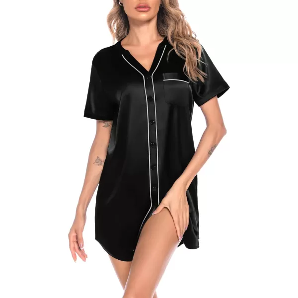 SWOMOG Womens Silk Satin Nightgown Short Sleeve Nightdress Sexy Vneck Sleepshirts Button Down Boyfriend SleepwearBlack