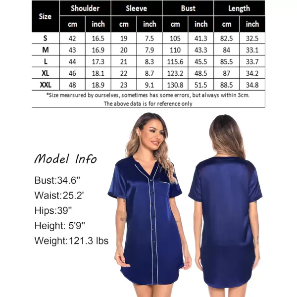 SWOMOG Womens Silk Satin Nightgown Short Sleeve Nightdress Sexy Vneck Sleepshirts Button Down Boyfriend SleepwearNavy Blue