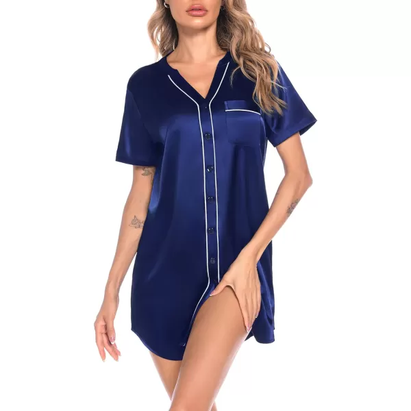 SWOMOG Womens Silk Satin Nightgown Short Sleeve Nightdress Sexy Vneck Sleepshirts Button Down Boyfriend SleepwearNavy Blue