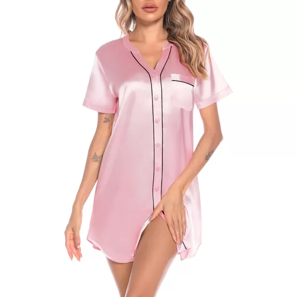 SWOMOG Womens Silk Satin Nightgown Short Sleeve Nightdress Sexy Vneck Sleepshirts Button Down Boyfriend SleepwearPink