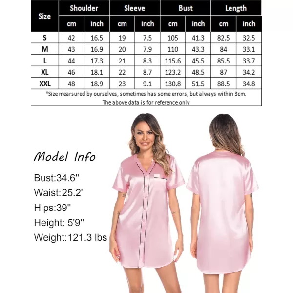 SWOMOG Womens Silk Satin Nightgown Short Sleeve Nightdress Sexy Vneck Sleepshirts Button Down Boyfriend SleepwearPink