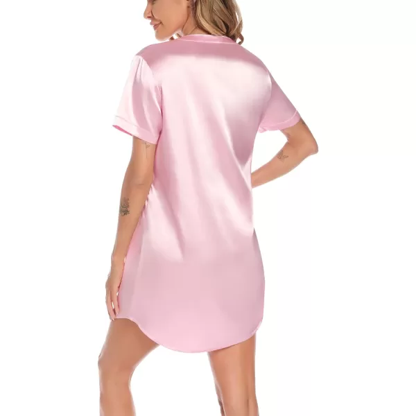 SWOMOG Womens Silk Satin Nightgown Short Sleeve Nightdress Sexy Vneck Sleepshirts Button Down Boyfriend SleepwearPink