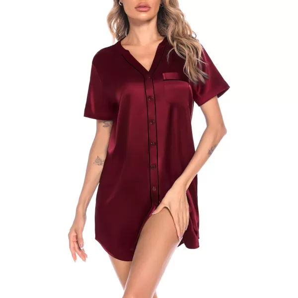 SWOMOG Womens Silk Satin Nightgown Short Sleeve Nightdress Sexy Vneck Sleepshirts Button Down Boyfriend SleepwearWine Red