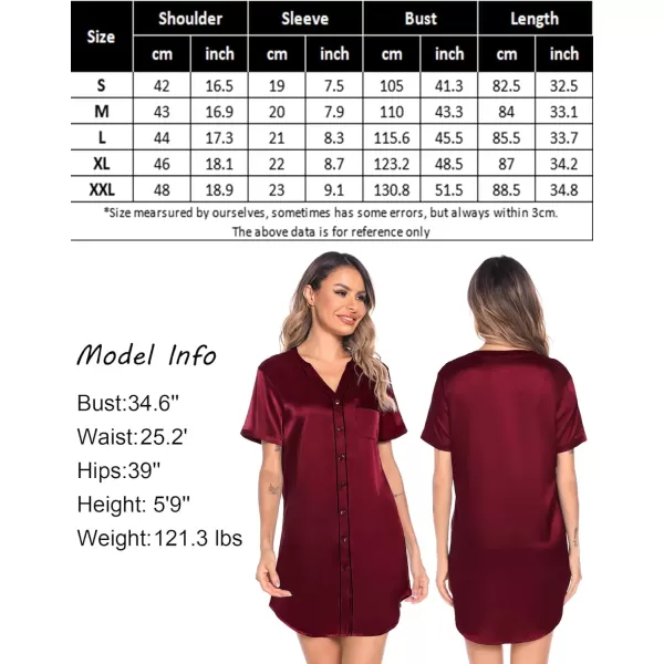 SWOMOG Womens Silk Satin Nightgown Short Sleeve Nightdress Sexy Vneck Sleepshirts Button Down Boyfriend SleepwearWine Red