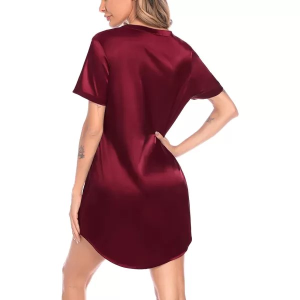 SWOMOG Womens Silk Satin Nightgown Short Sleeve Nightdress Sexy Vneck Sleepshirts Button Down Boyfriend SleepwearWine Red