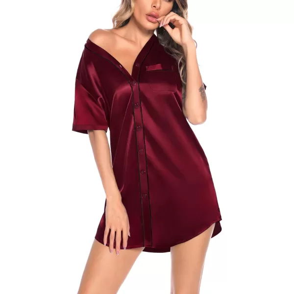 SWOMOG Womens Silk Satin Nightgown Short Sleeve Nightdress Sexy Vneck Sleepshirts Button Down Boyfriend SleepwearWine Red