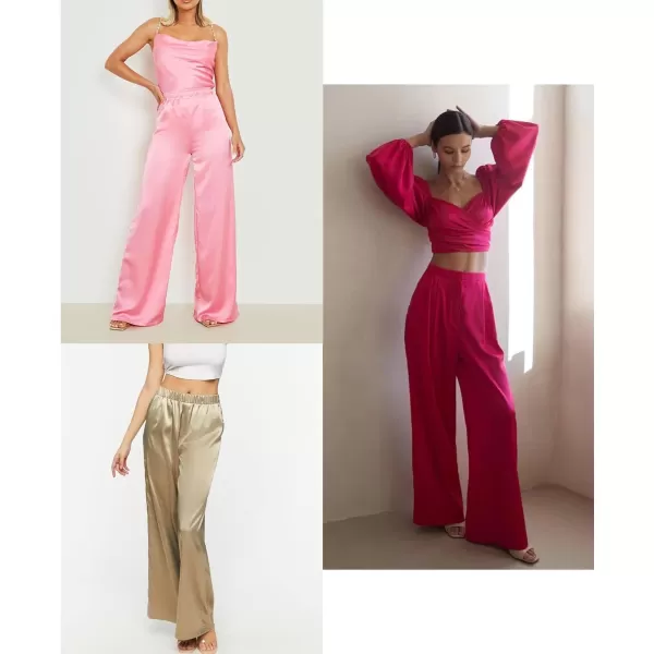 SWOMOG Womens Silk Satin Pajama Pants Longs Silky Sleep Pants Loungewear Trousers Elastic Waist Lounge Pj BottomsMisty Rose