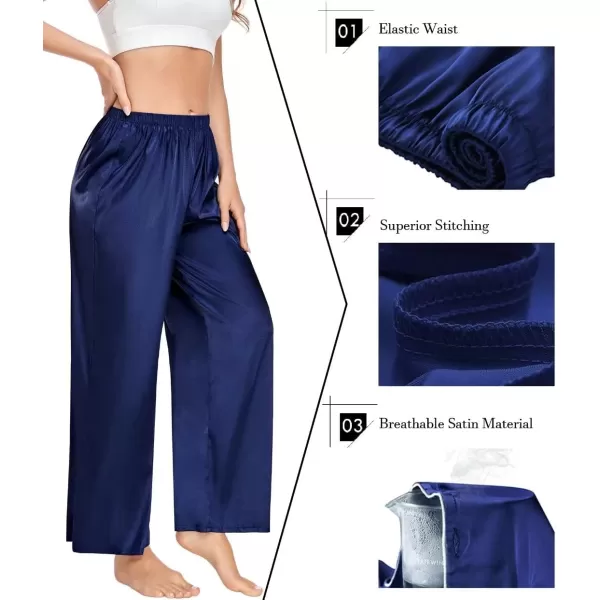 SWOMOG Womens Silk Satin Pajama Pants Longs Silky Sleep Pants Loungewear Trousers Elastic Waist Lounge Pj BottomsNavy Blue