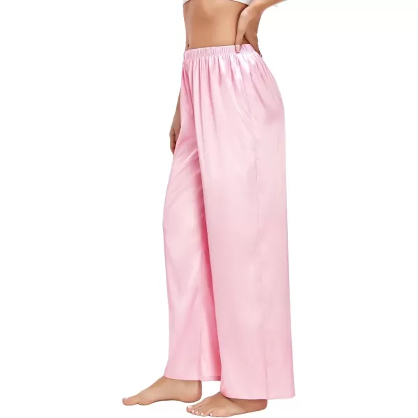 SWOMOG Womens Silk Satin Pajama Pants Longs Silky Sleep Pants Loungewear Trousers Elastic Waist Lounge Pj BottomsPink