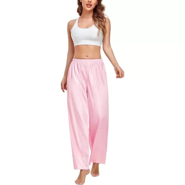 SWOMOG Womens Silk Satin Pajama Pants Longs Silky Sleep Pants Loungewear Trousers Elastic Waist Lounge Pj BottomsPink