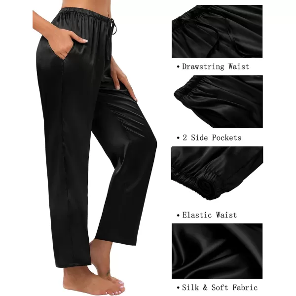 SWOMOG Womens Silk Satin Pajama Pants Soft Long Lounge Pant Drawstring Trousers Casual Sleepwear Pj Bottoms with Pockets2 Pack  Black