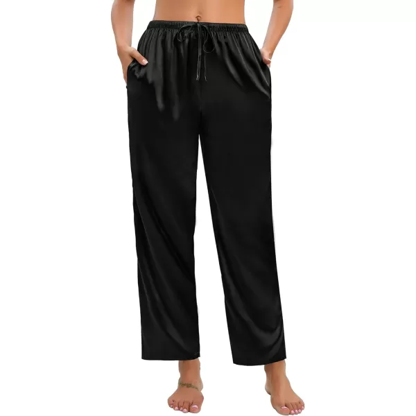 SWOMOG Womens Silk Satin Pajama Pants Soft Long Lounge Pant Drawstring Trousers Casual Sleepwear Pj Bottoms with Pockets2 Pack  Black