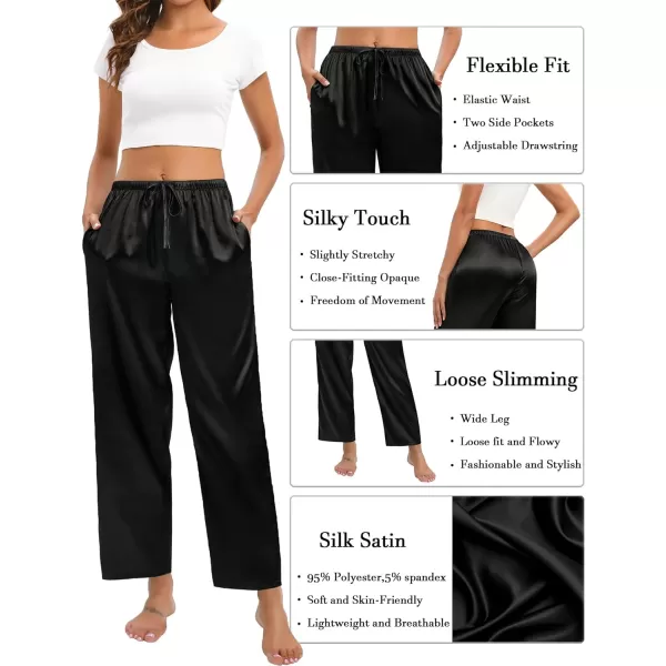 SWOMOG Womens Silk Satin Pajama Pants Soft Long Lounge Pant Drawstring Trousers Casual Sleepwear Pj Bottoms with PocketsBlack