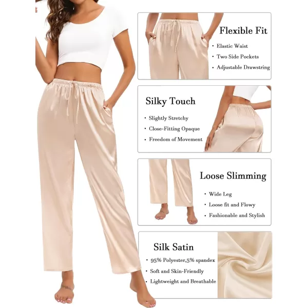 SWOMOG Womens Silk Satin Pajama Pants Soft Long Lounge Pant Drawstring Trousers Casual Sleepwear Pj Bottoms with PocketsChampagne