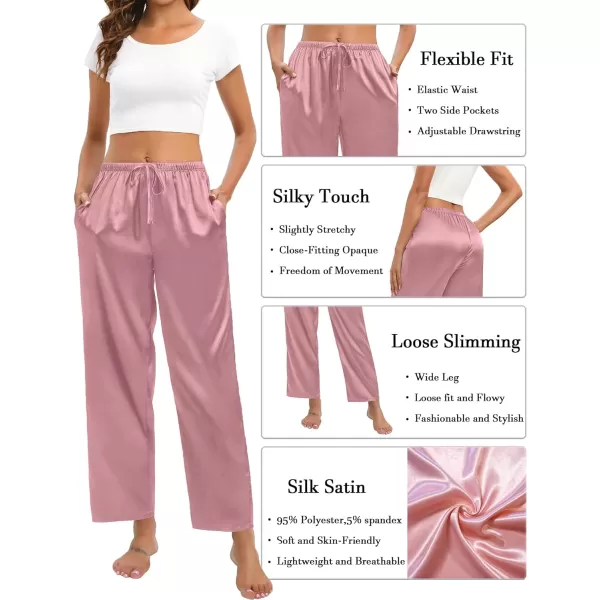 SWOMOG Womens Silk Satin Pajama Pants Soft Long Lounge Pant Drawstring Trousers Casual Sleepwear Pj Bottoms with PocketsMisty Rose