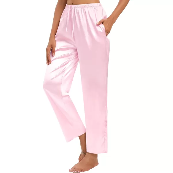 SWOMOG Womens Silk Satin Pajama Pants Soft Long Lounge Pant Drawstring Trousers Casual Sleepwear Pj Bottoms with PocketsPink