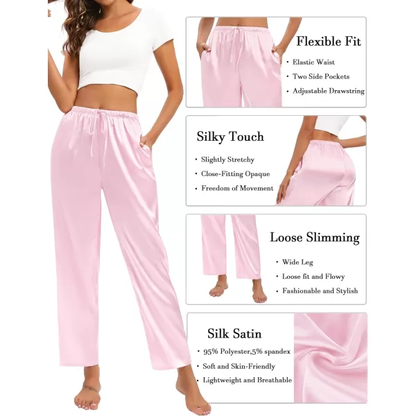 SWOMOG Womens Silk Satin Pajama Pants Soft Long Lounge Pant Drawstring Trousers Casual Sleepwear Pj Bottoms with PocketsPink