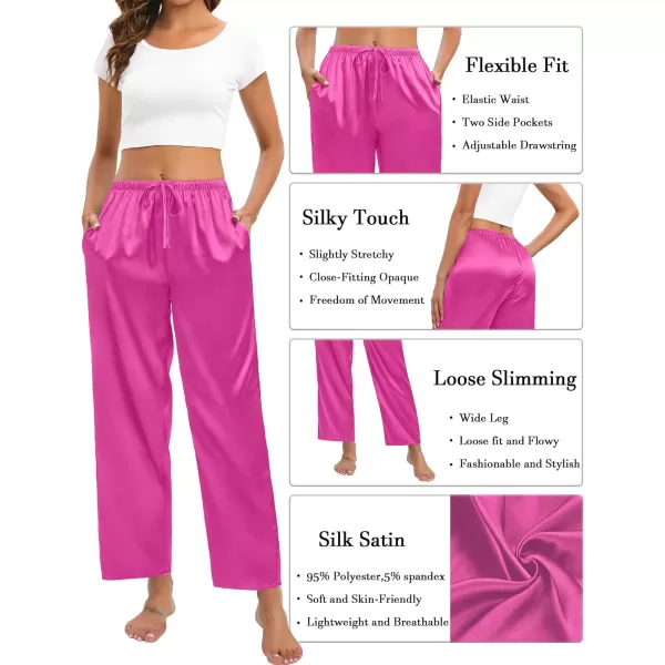 SWOMOG Womens Silk Satin Pajama Pants Soft Long Lounge Pant Drawstring Trousers Casual Sleepwear Pj Bottoms with PocketsRose Red