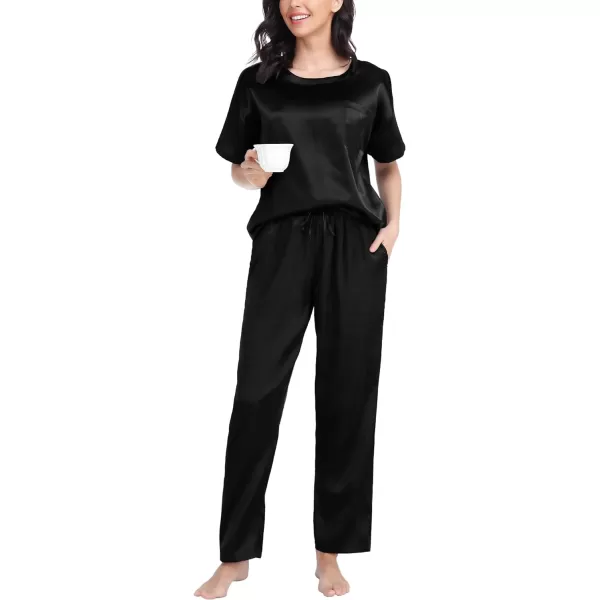 SWOMOG Womens Silk Satin Pajama Set Short Sleeve Shirt with Long Pants Pj Set Smooth and Soft Pajamas with PocketsBlack