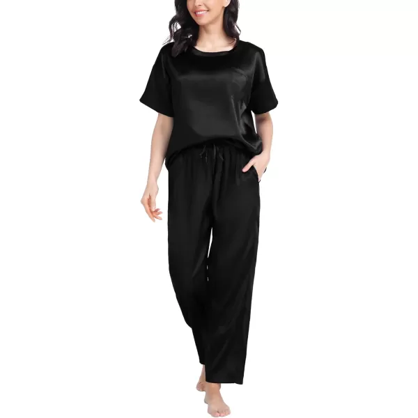 SWOMOG Womens Silk Satin Pajama Set Short Sleeve Shirt with Long Pants Pj Set Smooth and Soft Pajamas with PocketsBlack