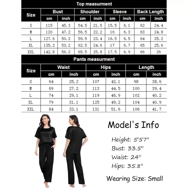 SWOMOG Womens Silk Satin Pajama Set Short Sleeve Shirt with Long Pants Pj Set Smooth and Soft Pajamas with PocketsBlack