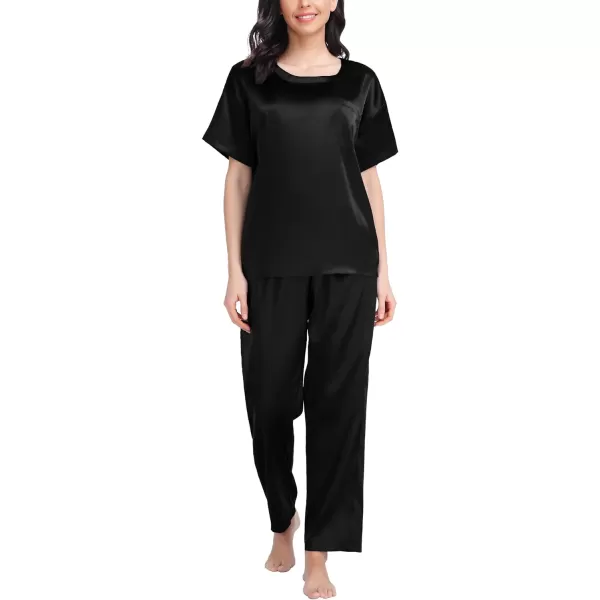 SWOMOG Womens Silk Satin Pajama Set Short Sleeve Shirt with Long Pants Pj Set Smooth and Soft Pajamas with PocketsBlack