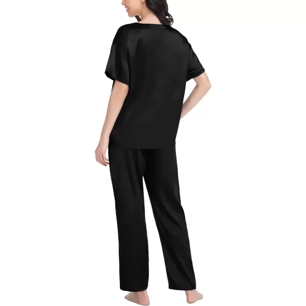 SWOMOG Womens Silk Satin Pajama Set Short Sleeve Shirt with Long Pants Pj Set Smooth and Soft Pajamas with PocketsBlack