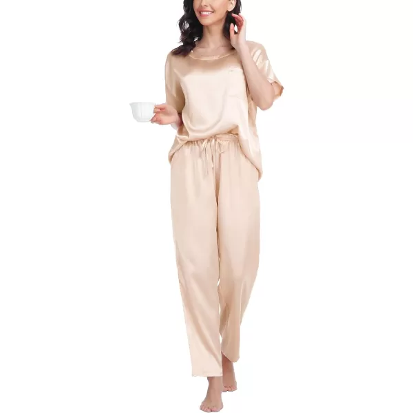 SWOMOG Womens Silk Satin Pajama Set Short Sleeve Shirt with Long Pants Pj Set Smooth and Soft Pajamas with PocketsChampagne