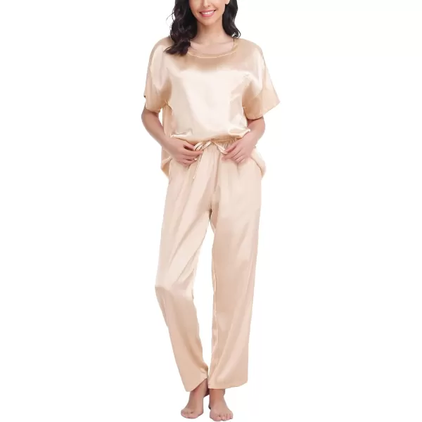 SWOMOG Womens Silk Satin Pajama Set Short Sleeve Shirt with Long Pants Pj Set Smooth and Soft Pajamas with PocketsChampagne