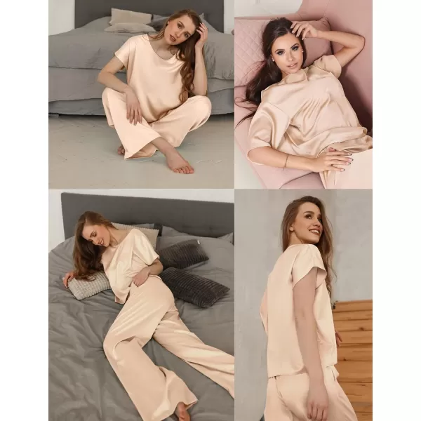 SWOMOG Womens Silk Satin Pajama Set Short Sleeve Shirt with Long Pants Pj Set Smooth and Soft Pajamas with PocketsChampagne