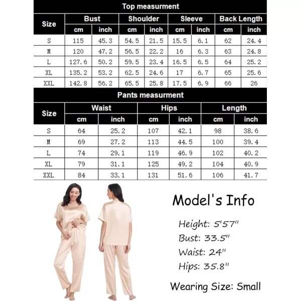 SWOMOG Womens Silk Satin Pajama Set Short Sleeve Shirt with Long Pants Pj Set Smooth and Soft Pajamas with PocketsChampagne