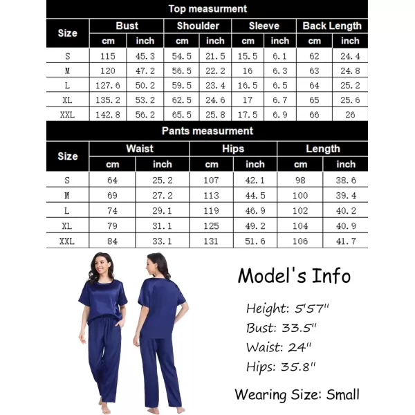 SWOMOG Womens Silk Satin Pajama Set Short Sleeve Shirt with Long Pants Pj Set Smooth and Soft Pajamas with PocketsNavy Blue