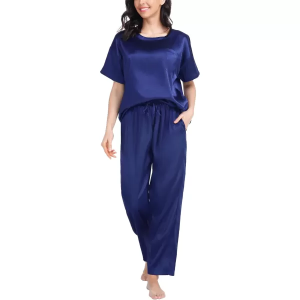 SWOMOG Womens Silk Satin Pajama Set Short Sleeve Shirt with Long Pants Pj Set Smooth and Soft Pajamas with PocketsNavy Blue