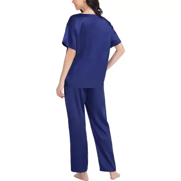 SWOMOG Womens Silk Satin Pajama Set Short Sleeve Shirt with Long Pants Pj Set Smooth and Soft Pajamas with PocketsNavy Blue