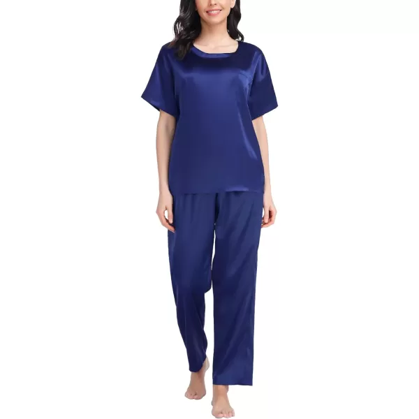 SWOMOG Womens Silk Satin Pajama Set Short Sleeve Shirt with Long Pants Pj Set Smooth and Soft Pajamas with PocketsNavy Blue