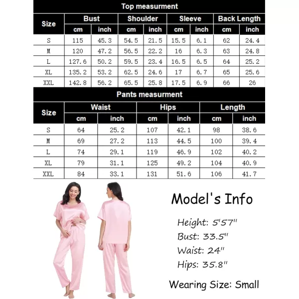 SWOMOG Womens Silk Satin Pajama Set Short Sleeve Shirt with Long Pants Pj Set Smooth and Soft Pajamas with PocketsPink