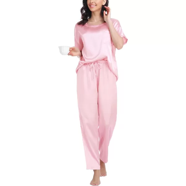 SWOMOG Womens Silk Satin Pajama Set Short Sleeve Shirt with Long Pants Pj Set Smooth and Soft Pajamas with PocketsPink