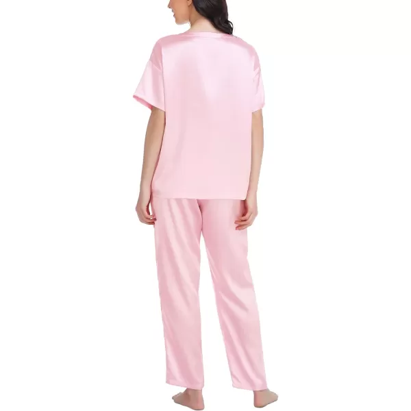 SWOMOG Womens Silk Satin Pajama Set Short Sleeve Shirt with Long Pants Pj Set Smooth and Soft Pajamas with PocketsPink