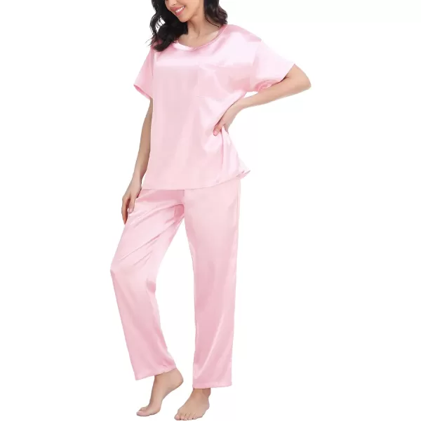 SWOMOG Womens Silk Satin Pajama Set Short Sleeve Shirt with Long Pants Pj Set Smooth and Soft Pajamas with PocketsPink