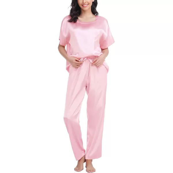 SWOMOG Womens Silk Satin Pajama Set Short Sleeve Shirt with Long Pants Pj Set Smooth and Soft Pajamas with PocketsPink