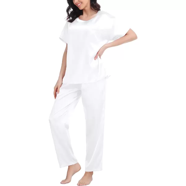 SWOMOG Womens Silk Satin Pajama Set Short Sleeve Shirt with Long Pants Pj Set Smooth and Soft Pajamas with PocketsWhite