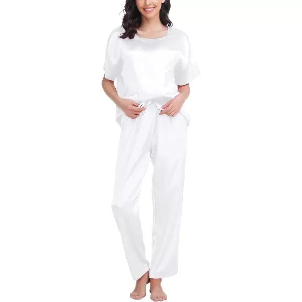 SWOMOG Womens Silk Satin Pajama Set Short Sleeve Shirt with Long Pants Pj Set Smooth and Soft Pajamas with PocketsWhite