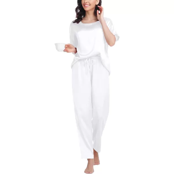 SWOMOG Womens Silk Satin Pajama Set Short Sleeve Shirt with Long Pants Pj Set Smooth and Soft Pajamas with PocketsWhite