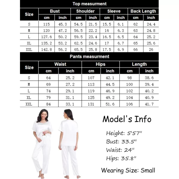 SWOMOG Womens Silk Satin Pajama Set Short Sleeve Shirt with Long Pants Pj Set Smooth and Soft Pajamas with PocketsWhite